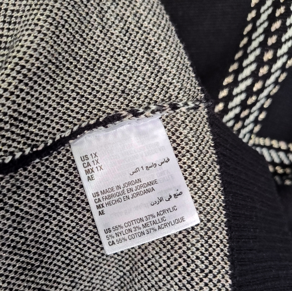 Charter Club Sweater Plaid Metallic Windowpane Black‎ White Beige 1X Crew Neck - Picture 8 of 9